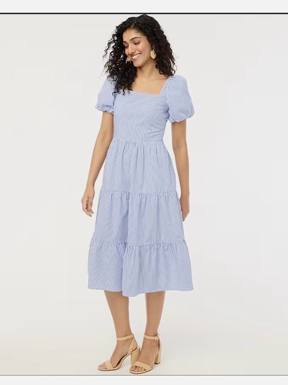J. Crew Light Blue Striped Midi Dress with Puff Sleeves
